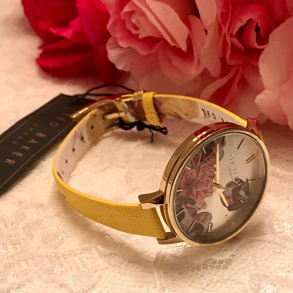 Ted Baker Yellow Leather Strap Floral Watch NWT